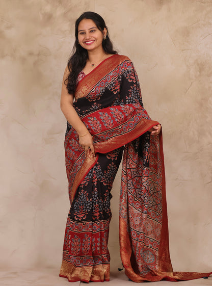 Black & Red Ajrakh Handblock printed Dola Silk Saree | Looms & Tassels
