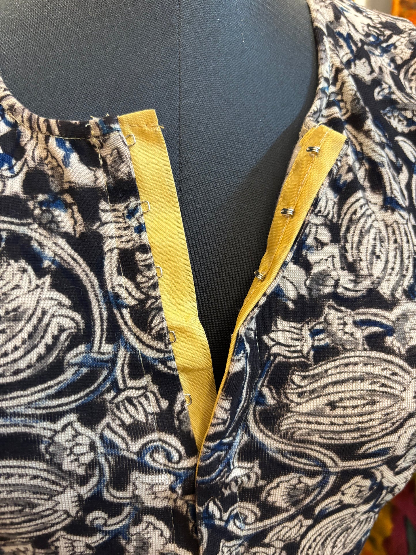 Black Round neck Stretchable Hand block printed kalamkari blouse with front hooks