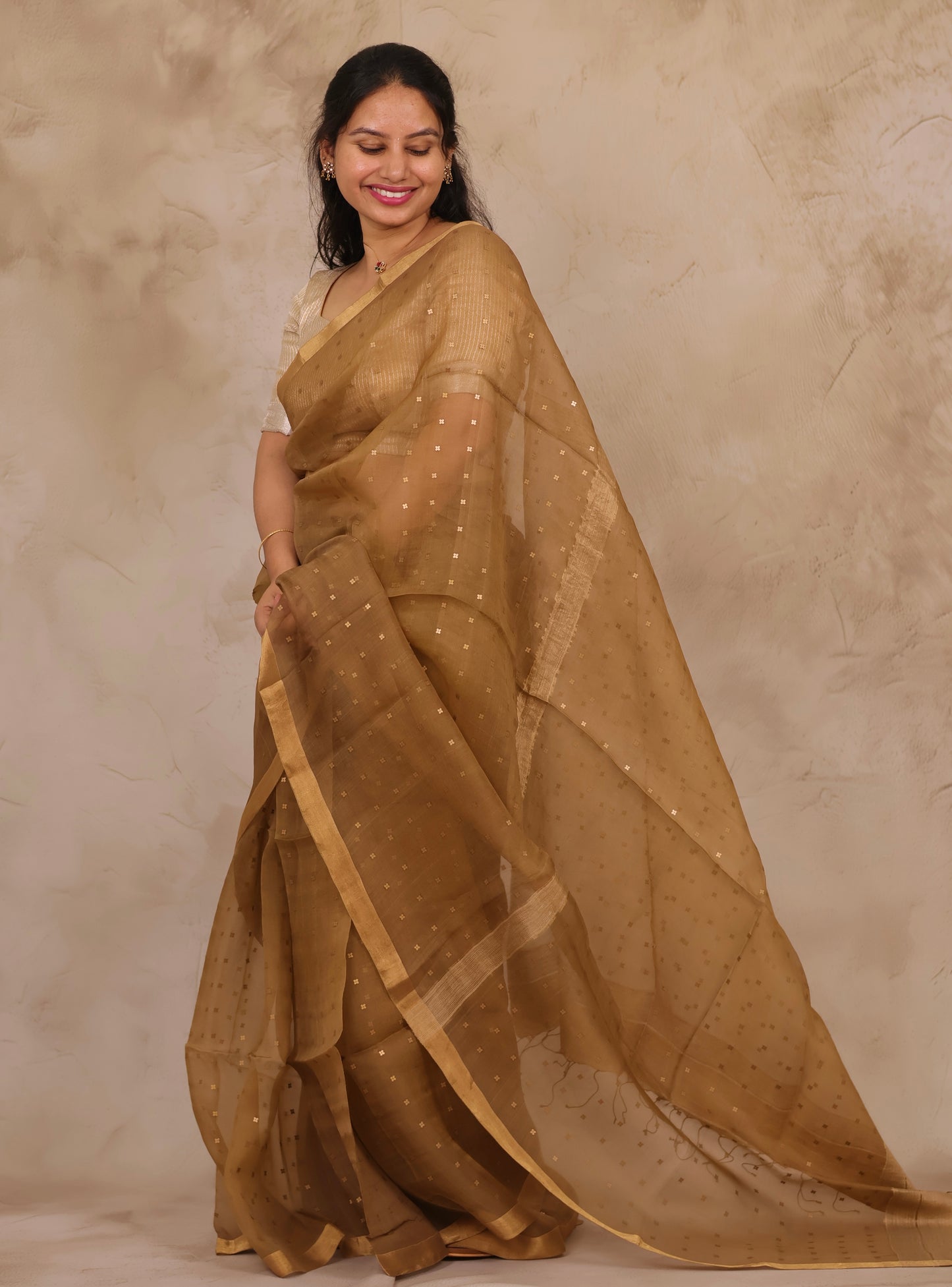 Mustard Brown Handwoven Muslin Silk Saree With Sequence Work | Looms & Tassels