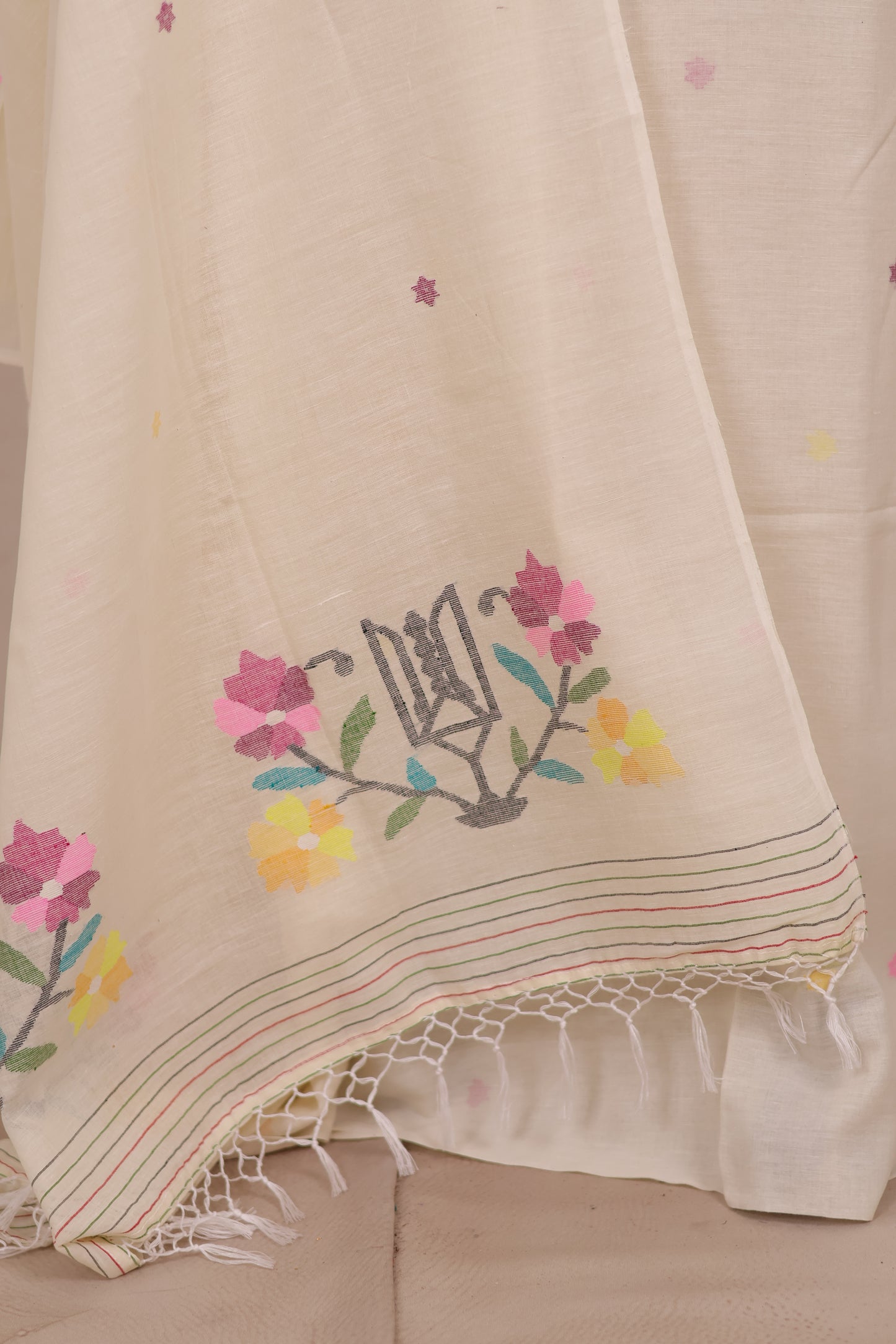 Off White Handwoven Jamdhani weaving pure Malai cotton 2 piece suit sets | Looms & Tassels