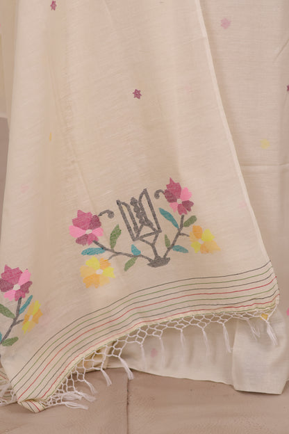 Off White Handwoven Jamdhani weaving pure Malai cotton 2 piece suit sets | Looms & Tassels