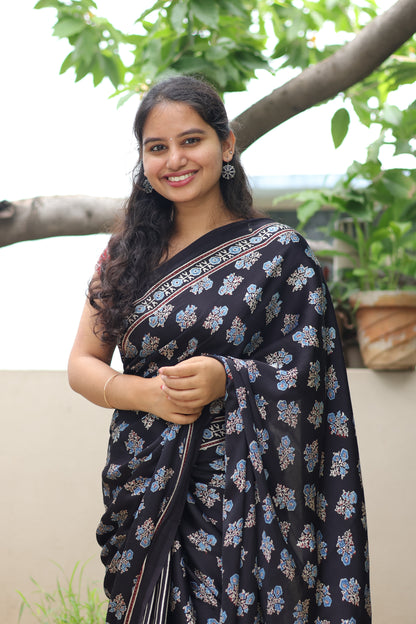Black Ajrakh Modal Silk Saree