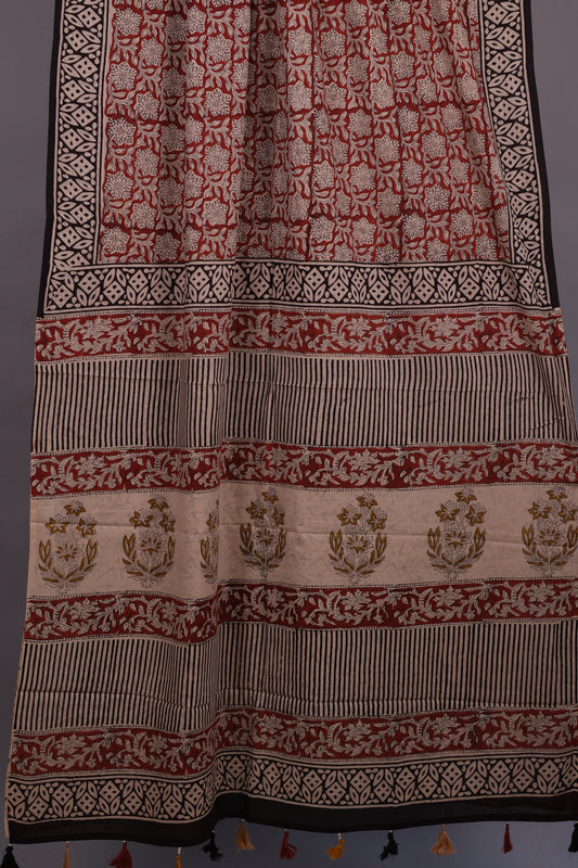 Maroon Bagru Handblock printed MulMul cotton saree with Tassels