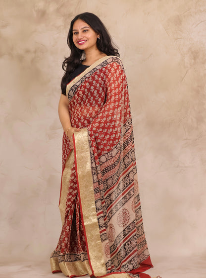 Maroon Chiffon Hand Block Printed Saree with Jari Border | Looms & Tassels
