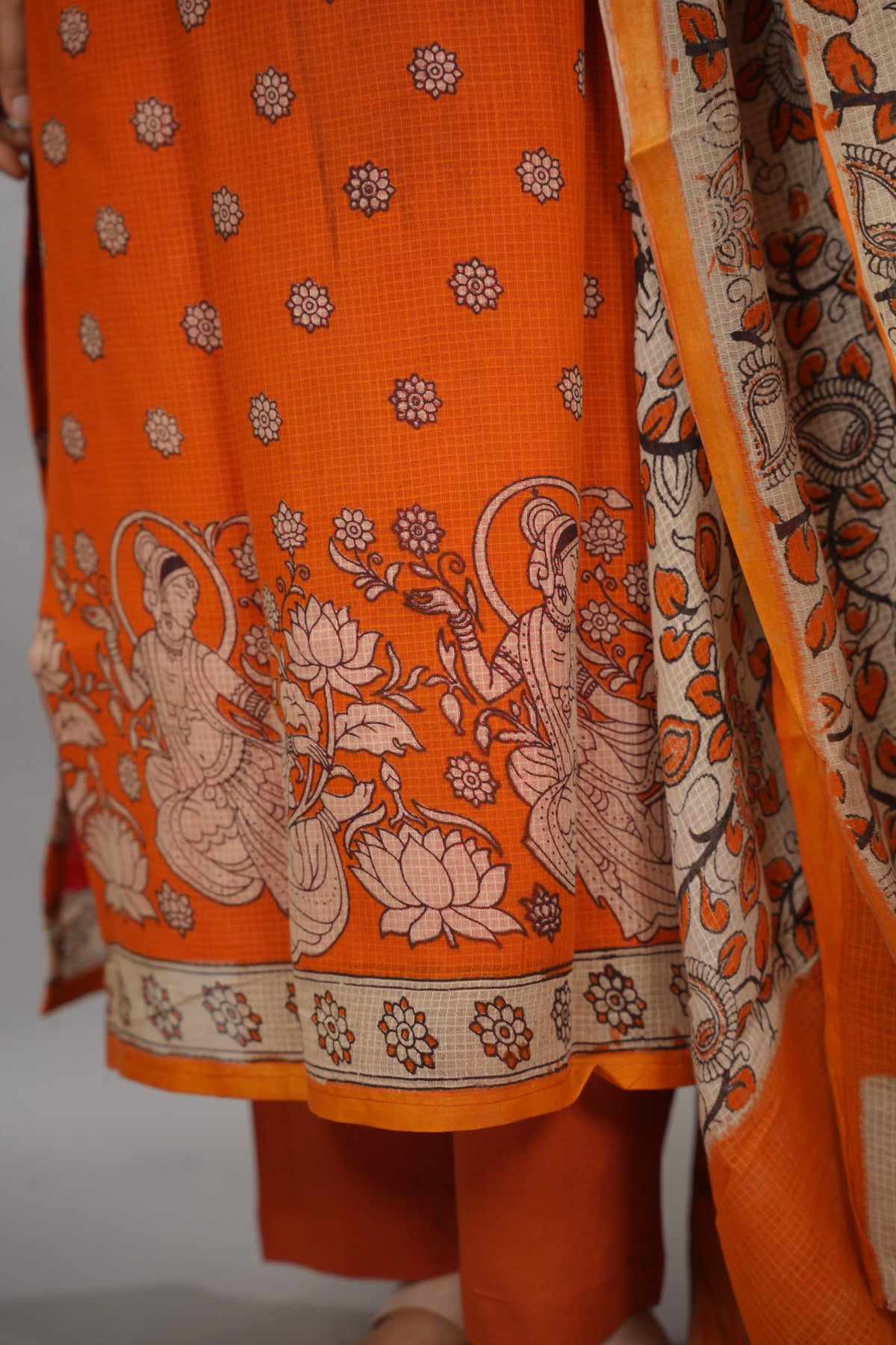Orange Kalamkari Kota Cotton 3 piece suit (stitched) | Looms & Tassels