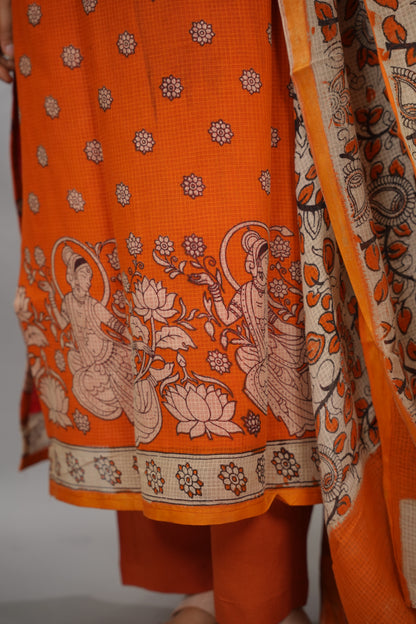 Orange Kalamkari Kota Cotton 3 piece suit (stitched) | Looms & Tassels