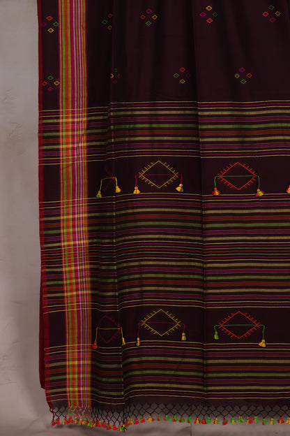 Maroon Bhujodi weaving Malai Cotton Saree | Looms & Tassels