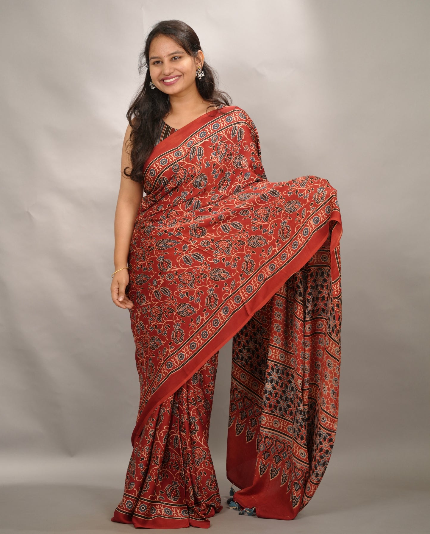 Red Authentic Ajrakh Handblock Printed Modal Silk Saree | Looms & Tassels