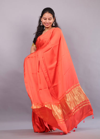 Orange Plain Modal Silk Saree with Lagdi Pallu | Looms & Tassels