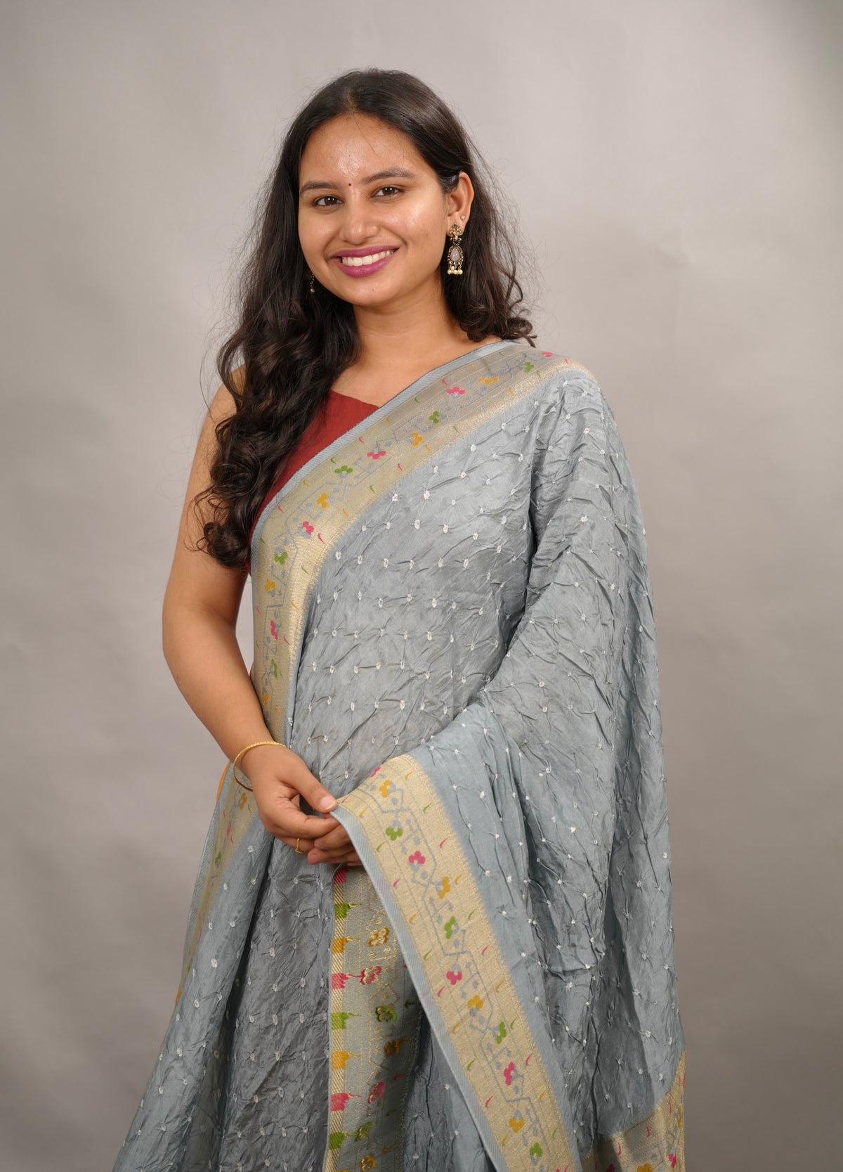Gray Handcrafted Bandhani Paithani Dola Silk Saree | Looms & Tassels