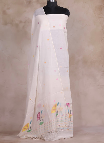 White Handwoven Jamdhani weaving pure Malai cotton 2 piece suit sets | Looms & Tassels