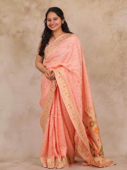 Peach Handcrafted Pattern Bandhani Paithani Dola Silk Saree | Looms & Tassels