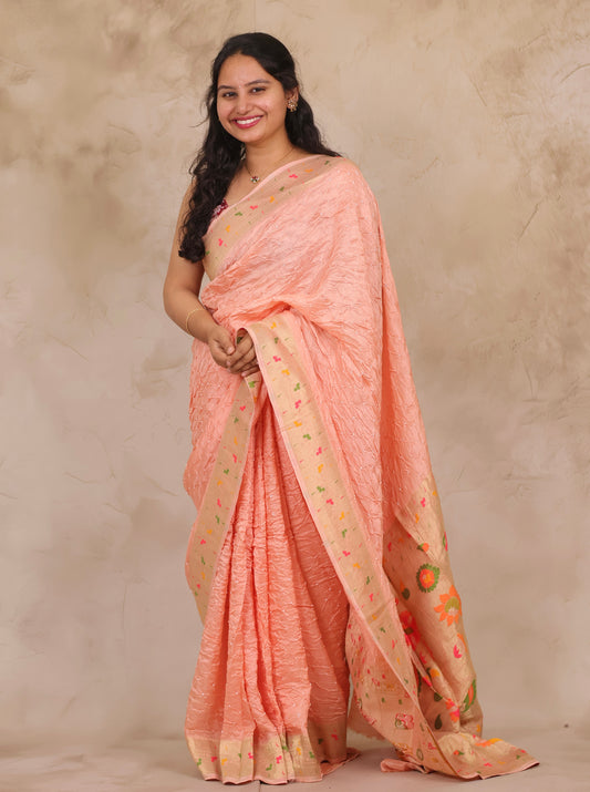 Peach Handcrafted Pattern Bandhani Paithani Dola Silk Saree | Looms & Tassels