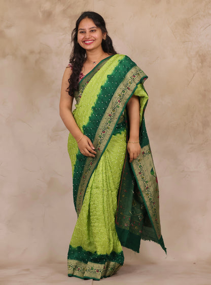 Dual Shade Green Handcrafted Bandhani Paithani Dola Silk Saree | Looms & Tassels
