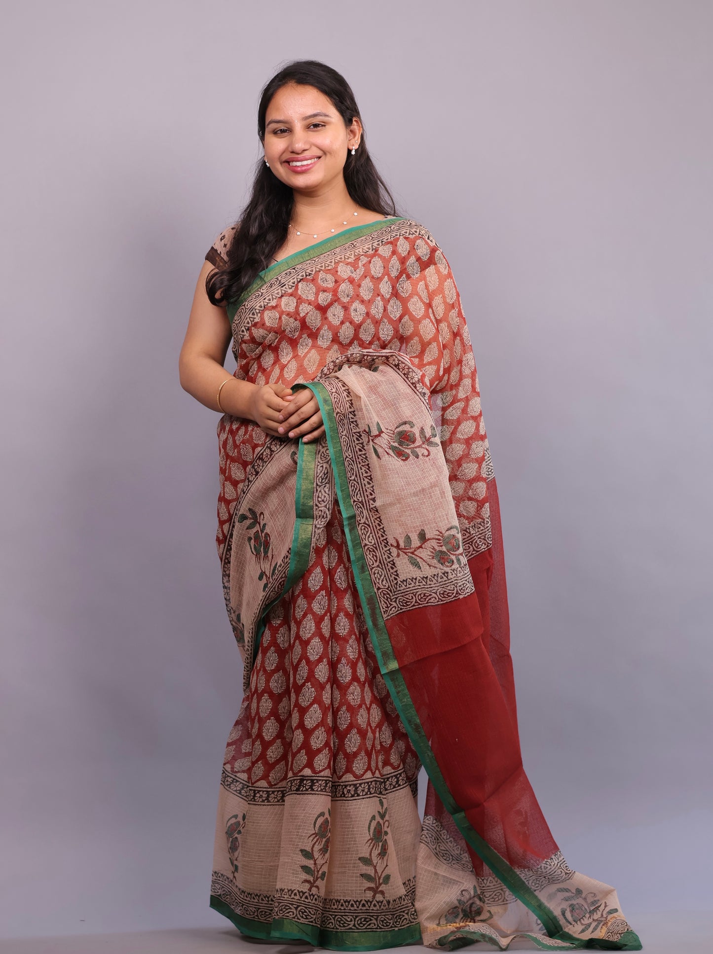 Pure Kota Doria Saree with Bagru Handblock Prints – Maroon | Looms&Tassels