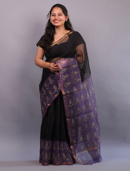 Pure Kota Doria Saree with Bagru Handblock Prints – Black | Looms&Tassels