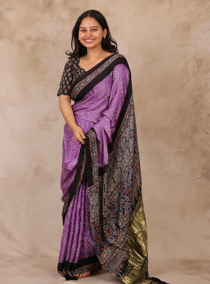 Lavender Hand Knotted Bandhej Arakh Modal Silk Saree with Lagdi Pallu | Looms & Tassels