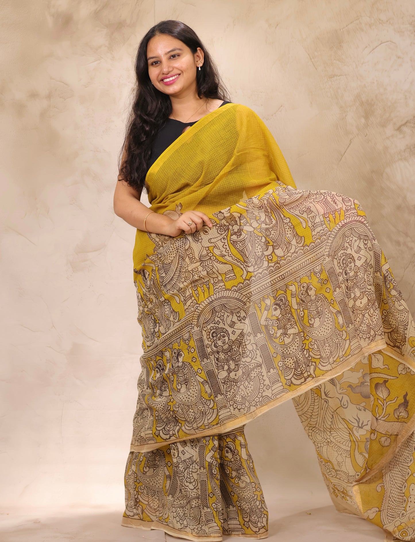 Yellow Kota Doria Saree with Kalamkari Handblock Prints | Looms & Tassels