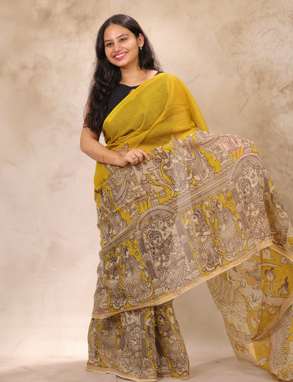 Yellow Kota Doria Saree with Kalamkari Handblock Prints | Looms & Tassels