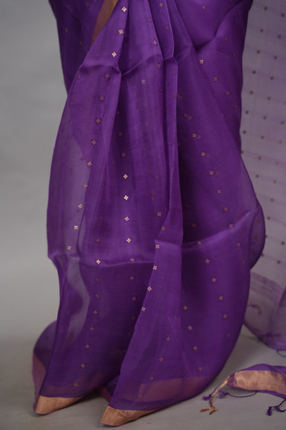 Purple Handwoven Muslin Silk Saree With Sequence Work | Looms & Tassels