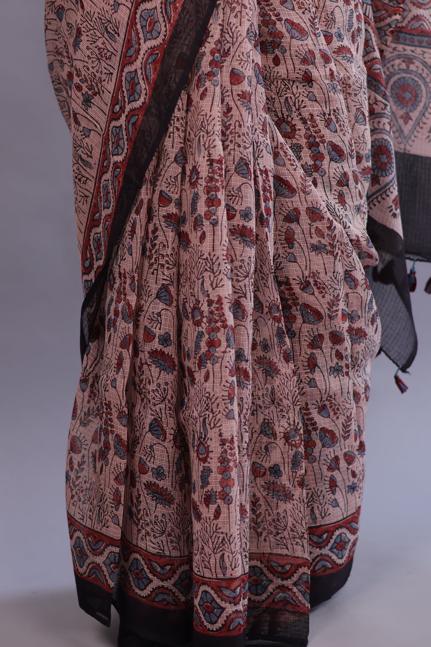 Cream Ajrakh Hand Block Printed Kota Doria Saree | Looms & Tassels