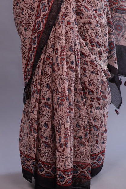 Cream Ajrakh Hand Block Printed Kota Doria Saree | Looms & Tassels