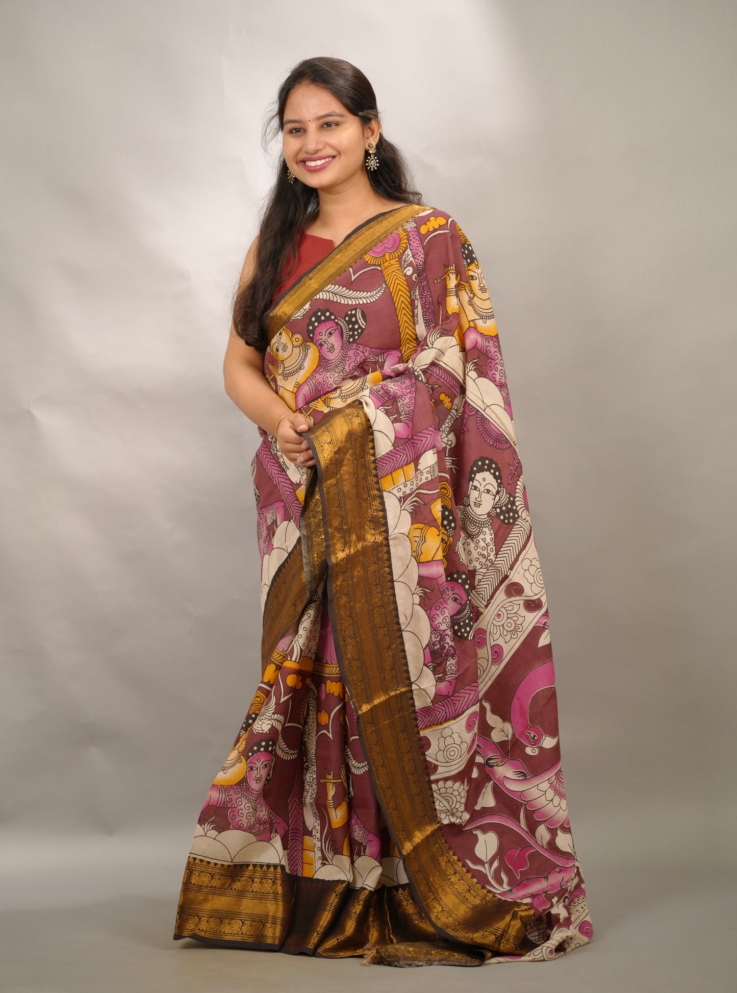 Dusty Maroon Kanchi border Kalamkari Chennur Silk Saree | Looms & Tassels
