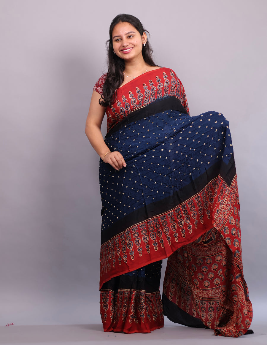 Cyan Blue Hand Knotted Ajrakh Bandhej Modal Silk Saree | Looms & Tassels