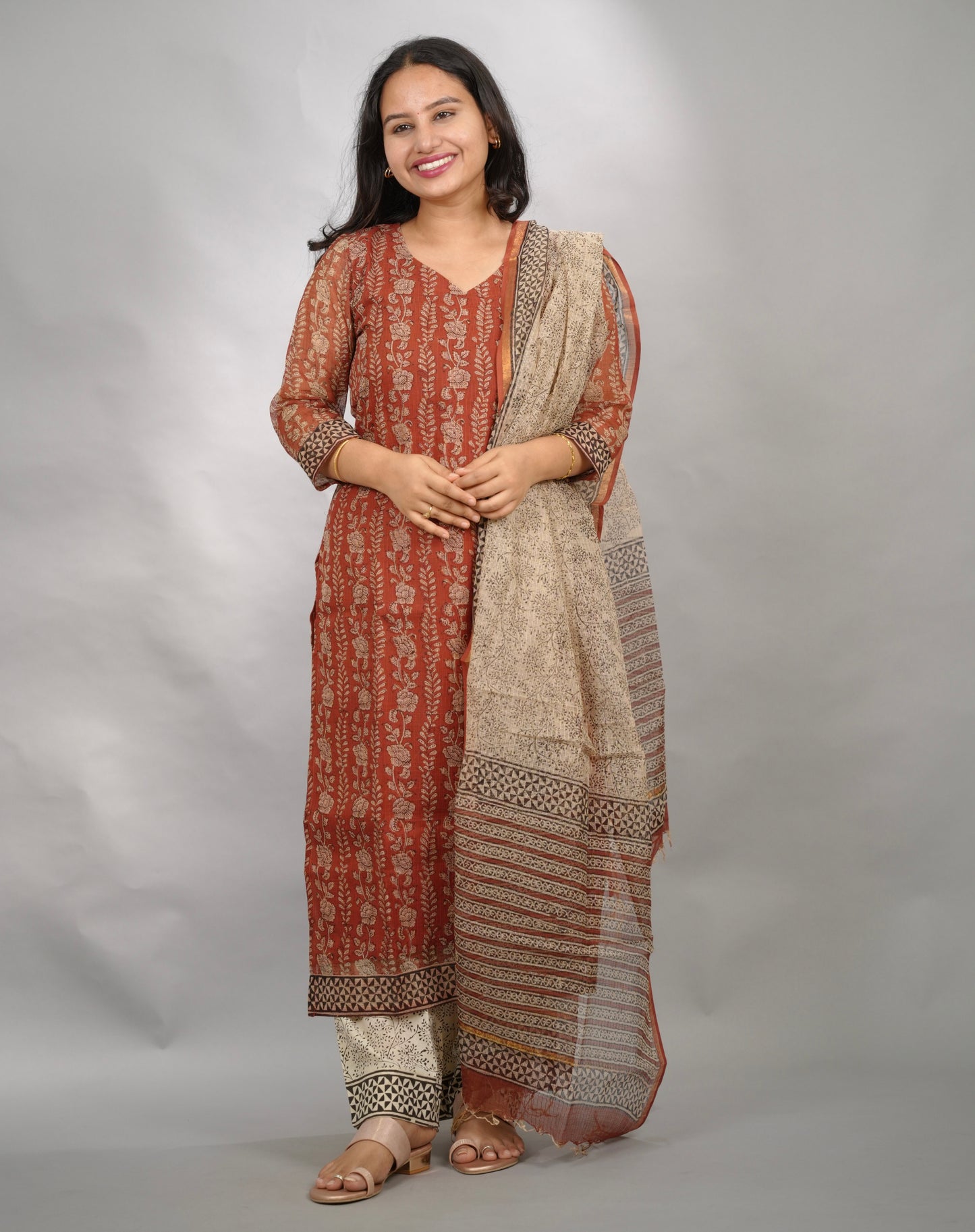 MaroonHandblock printed kota 3 piece suit (stitched)