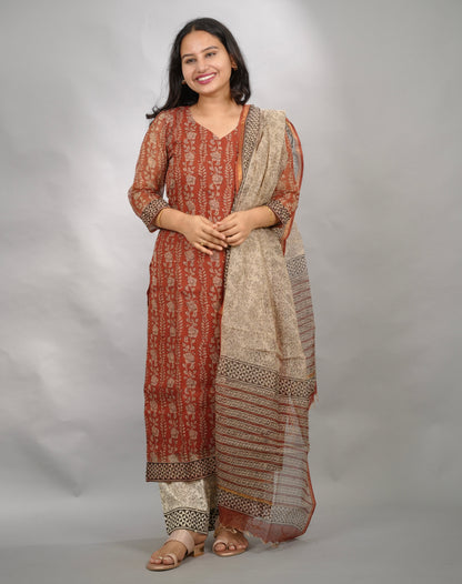 MaroonHandblock printed kota 3 piece suit (stitched)