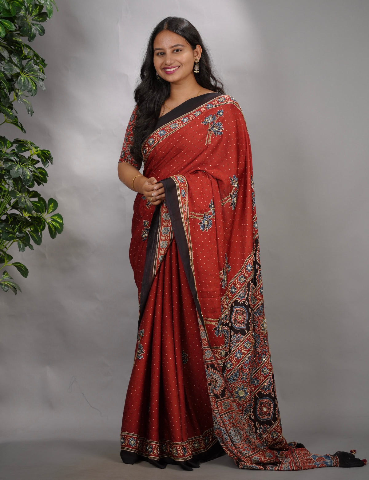 Maroon Ajrakh Modal Silk Hand Embroidery Saree  | Looms & Tassels