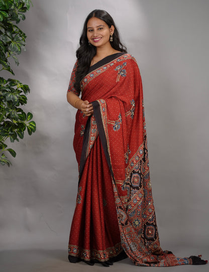 Maroon Ajrakh Modal Silk Hand Embroidery Saree  | Looms & Tassels