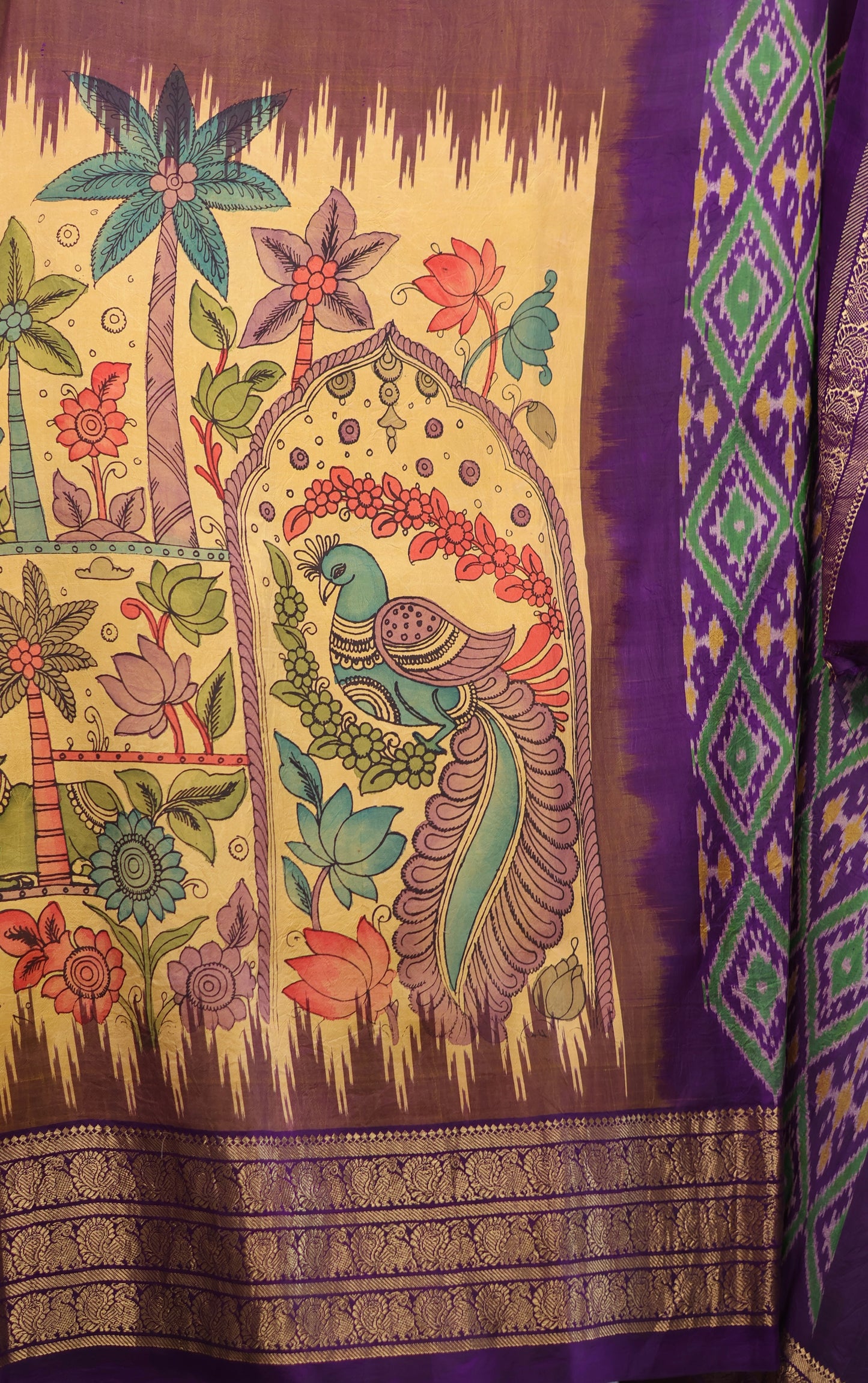 Yellow Kanchi Pattu Hand Painted Pen Kalamkari Saree