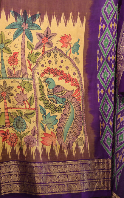 Yellow Kanchi Pattu Hand Painted Pen Kalamkari Saree