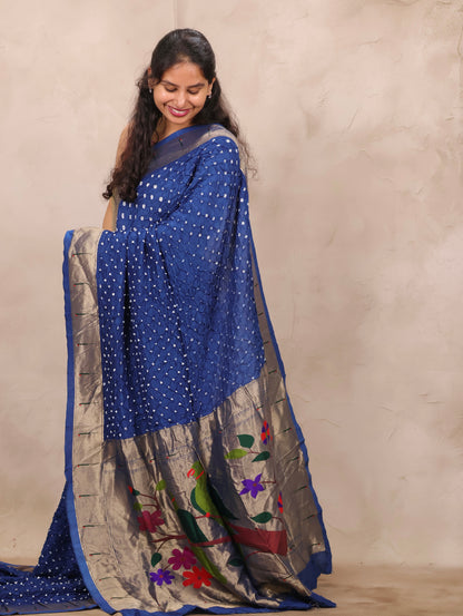 Blue Handcrafted Bandhani Paithani Dola Silk Saree | Looms & Tassels