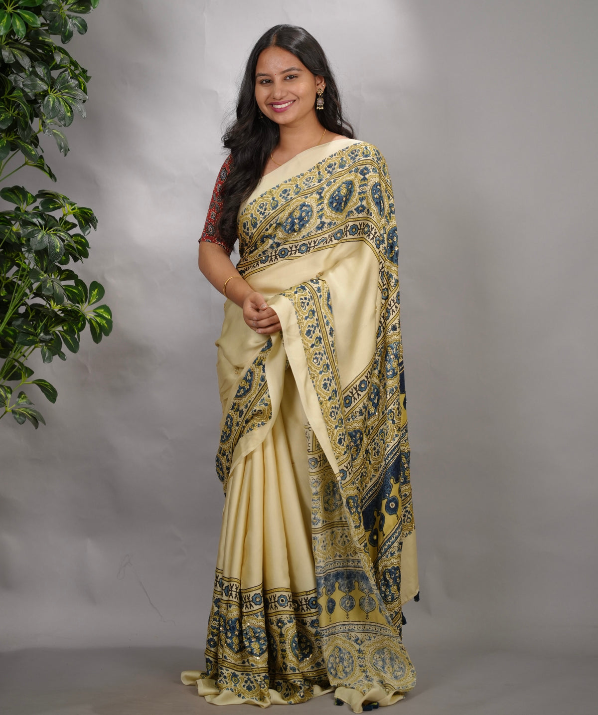 Off White Ajrakh Modal Silk Hand Embroidery Saree  | Looms & Tassels