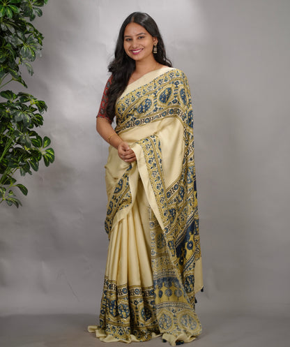 Off White Ajrakh Modal Silk Hand Embroidery Saree  | Looms & Tassels