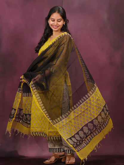 Yellow Handblock printed kota 3 piece suit (stitched)