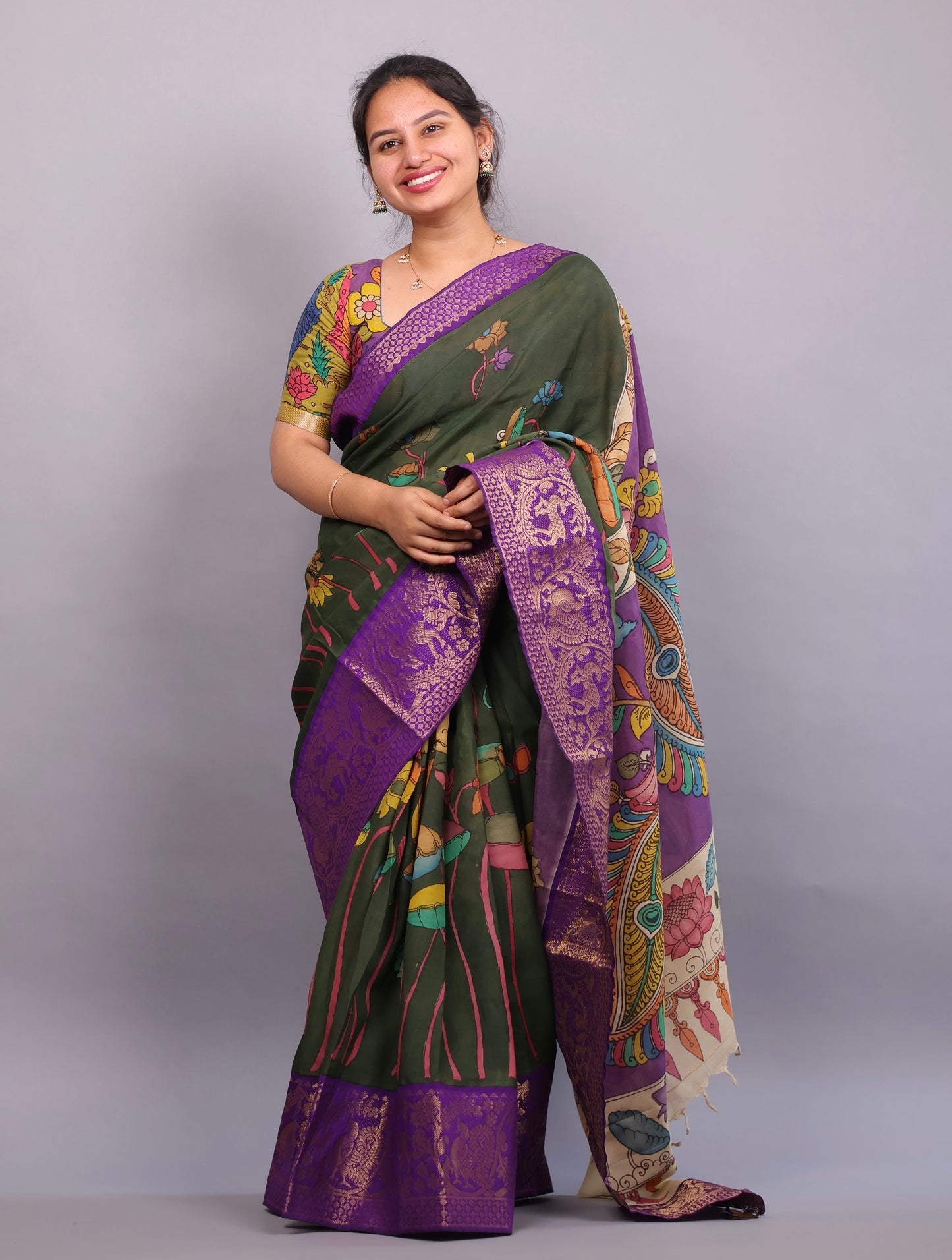 Green Hand Painted Pen Kalamkari Silk Saree
