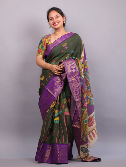 Green Hand Painted Pen Kalamkari Silk Saree