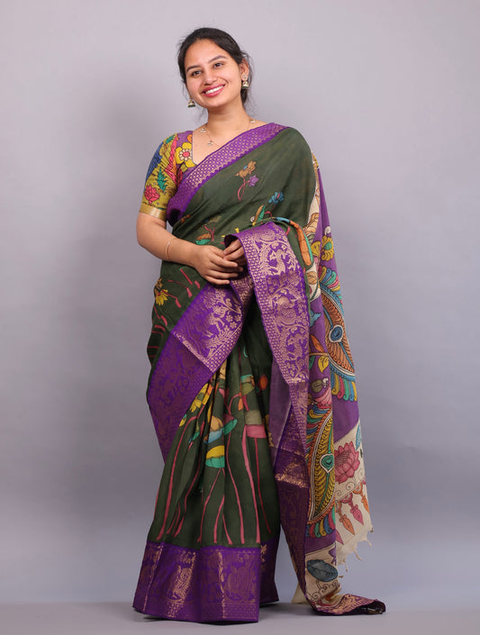 Green Hand Painted Pen Kalamkari Silk Saree