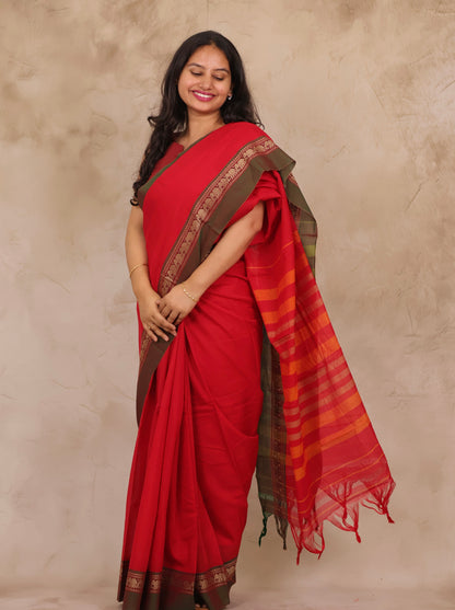 Red Narayanpet Cotton Saree with Elephant Border | Looms & Tassels
