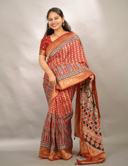 Red Ajrakh Handblock printed Dola Silk Saree | Looms & Tassels