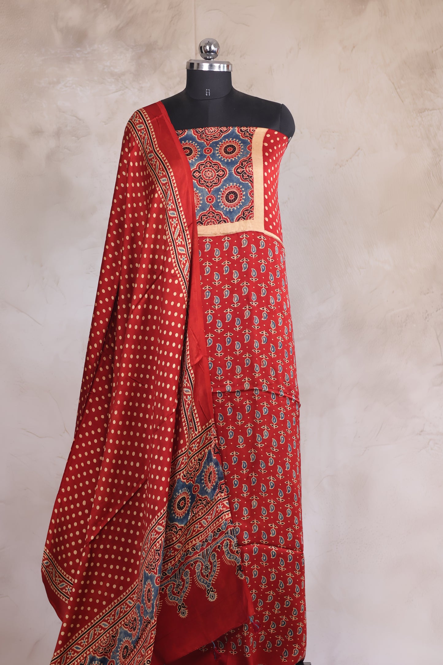 Red Mango motif Ajrakh Handblock Printed Modal Silk 2 Piece Suit Set | Looms & Tassels
