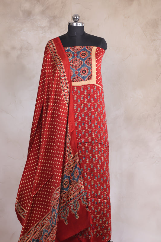 Red Mango motif Ajrakh Handblock Printed Modal Silk 2 Piece Suit Set | Looms & Tassels