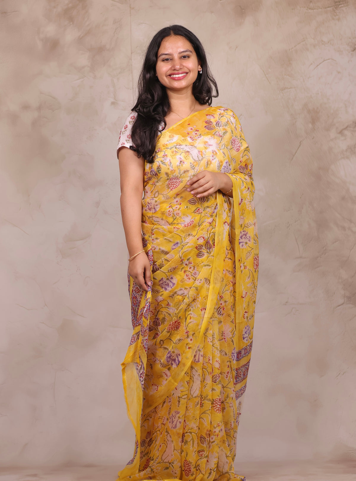 Yellow Chiffon Hand Block Printed Saree | Looms & Tassels
