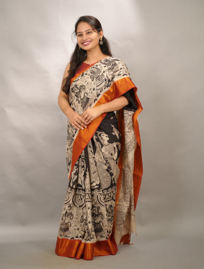 Black Kanchi border Kalamkari Chennur Silk Saree| Looms & Tassels