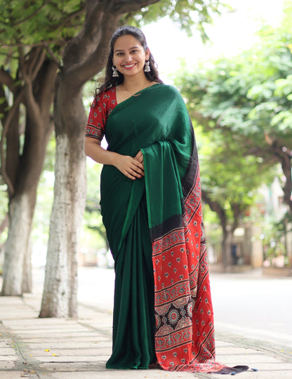 Green Ajrakh Modal Silk Saree