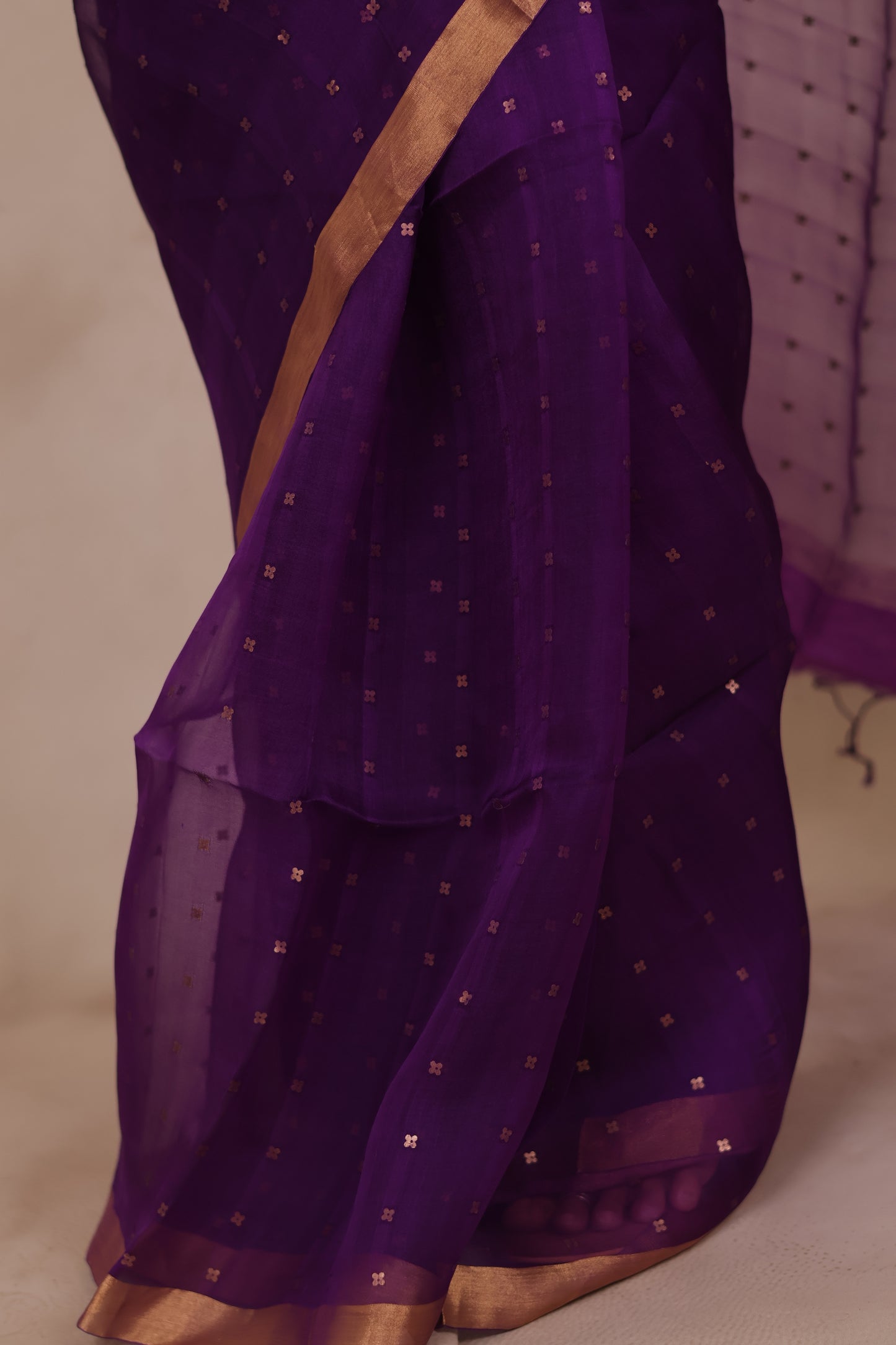 Purple Handwoven Muslin Silk Saree With Sequence Work | Looms & Tassels
