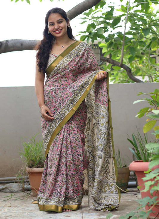 Pink Hand Block Printed Kalamkari Nizam Border Silk Sare